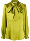 Tory Burch Pussy-bow Gathered Silk-satin Shirt In Green