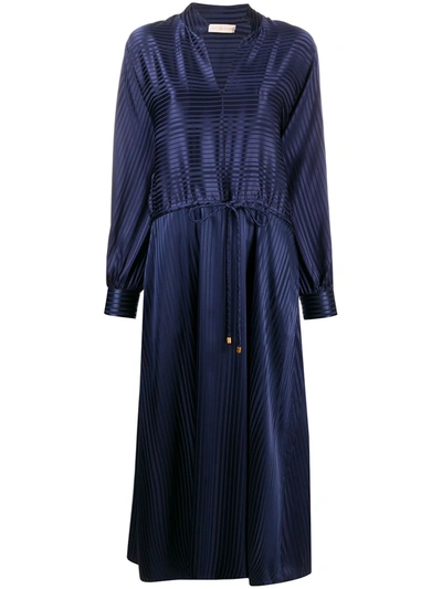 Tory Burch Gathered Striped Silk-blend Satin-jacquard Midi Dress In Navy