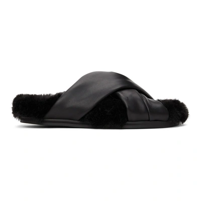 Simone Rocha Cross Strap Slides With Shearling Lining In Black/black