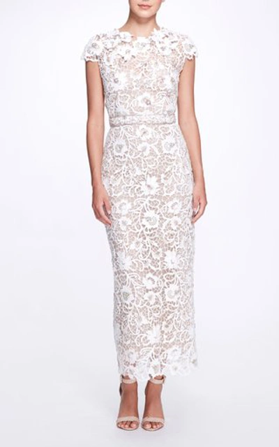 Marchesa Floral Lace Embroidered Column Gown In White