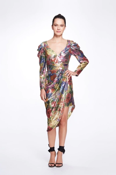 Marchesa Notte Draped ¾ Sleeve V-neck Printed Sequin Cocktail Dress