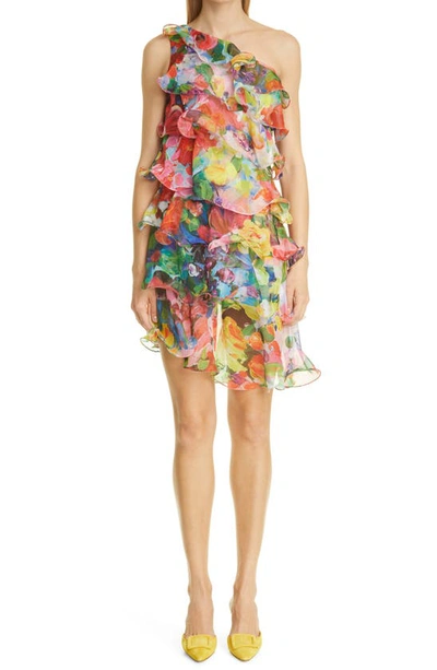 Marchesa Notte One Shoulder Asymmetrical Tiered Printed Chiffon Mini Cocktail Dress In Red Multi