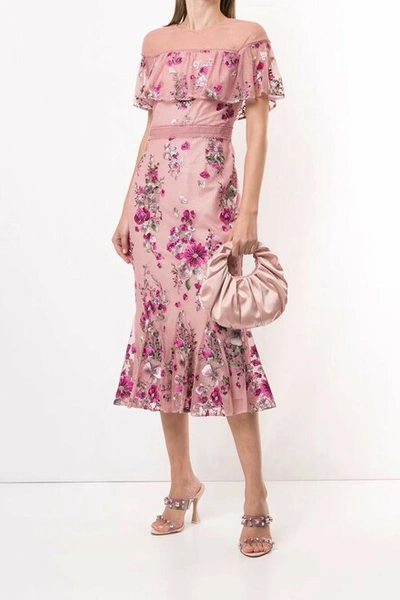 Marchesa Notte Cape-effect Embroidered Glittered Tulle Midi Dress In Pink