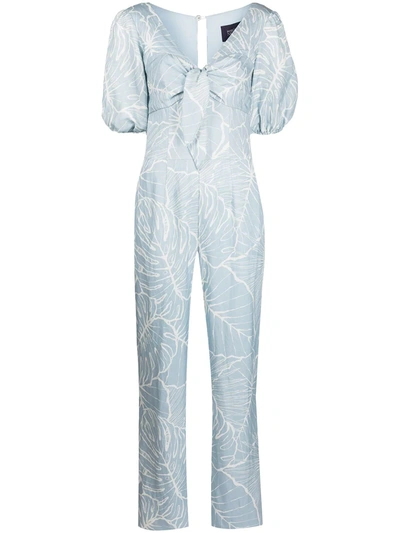 Marchesa Notte Tie-front Printed Twill Wide-leg Jumpsuit In Sky Blue