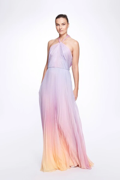 Marchesa Notte Sleeveless Halter Pleated Ombre Chiffon Gown In Pink ModeSens