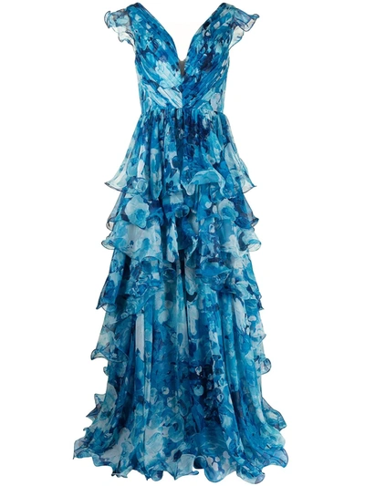 Marchesa Notte V-neck Watercolor-printed Tiered Chiffon Gown In Blue Multi