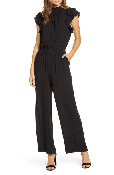 1.state Flutter-sleeve Mock Neck Jumpsuit In Rich Black