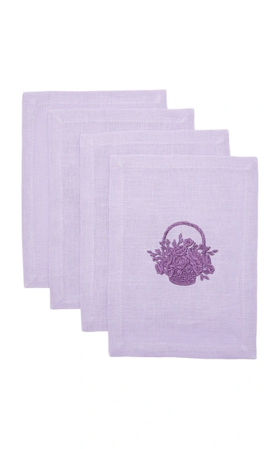 Alex Papachristidis X Leontine Linens Exclusive Set-of-four Basket Full Of Flowers Cocktail Napkin In Purple