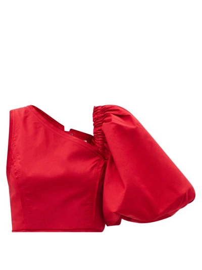 Aje Apres Asymmetric Puffed-sleeve Cotton-poplin Top In Red