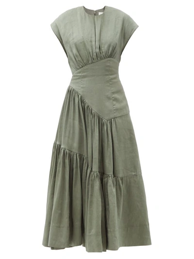 Aje Women's Reflection Tiered Linen-blend Maxi Dress In Olive