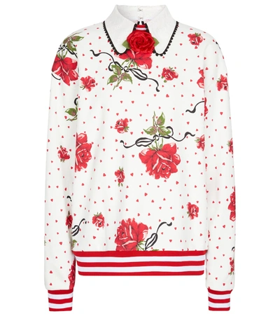 Rodarte Embellished Floral-print Cotton-blend Jersey Sweatshirt In White
