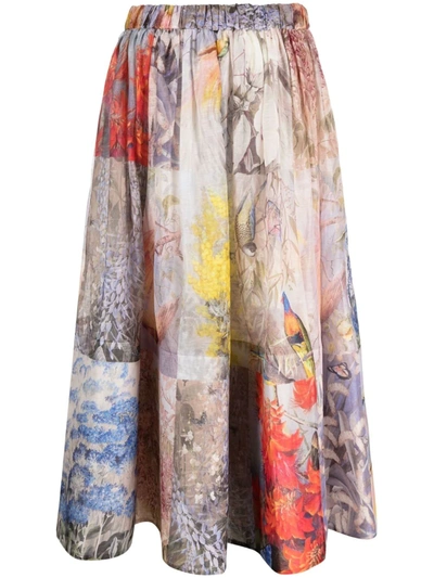 Zimmermann Wild Botanica Gathered Floral-print Linen And Silk-blend Maxi Skirt In Yellow,orange,blue