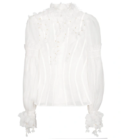 Zimmermann Botanica Wattle Appliquéd Gathered Linen And Silk-blend Blouse In Ivory