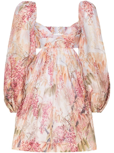 Zimmermann Wild Botanica Open-back Cutout Floral-print Linen And Silk-blend Mini Dress In Pink