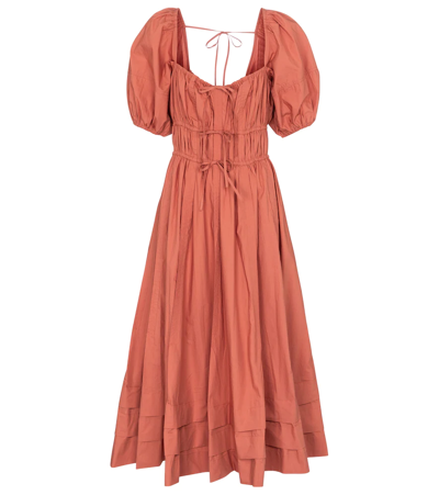Ulla Johnson Palma Tie-detailed Gathered Cotton-poplin Midi Dress In Coral