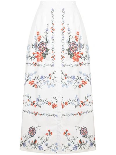 Erdem Mervyn Floral-print Cotton-poplin Skirt In White Multi