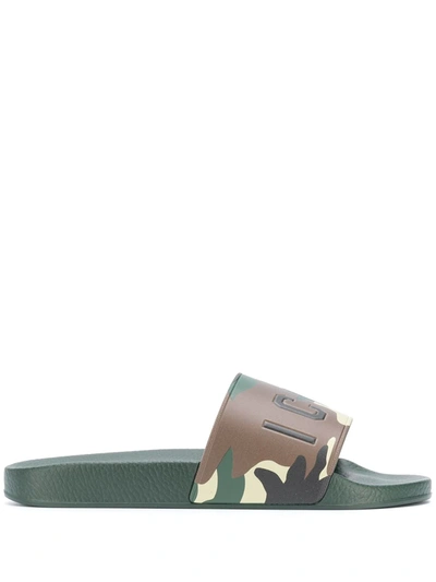 Dsquared2 Icon Print Rubber Slide Sandals In Green,brown,beige