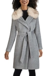 Cole Haan Faux Fur Trim Wool Blend Coat In Gray