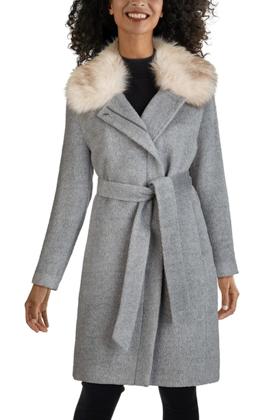 Cole Haan Faux Fur Trim Wool Blend Coat In Grey