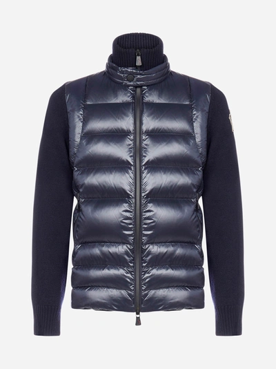 Moncler Wool And Quilted Nylon Cardigan In Blue