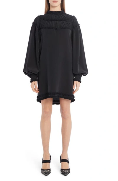 Fendi Ruffle Yoke Long Sleeve Silk Crepe De Chine Minidress In Black
