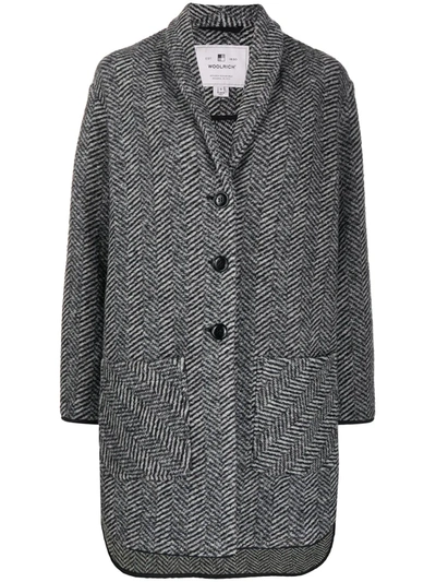 Woolrich Herringbone Single-breasted Coat In Black