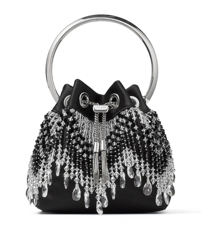 Jimmy Choo Bon Bon Fringe-embellished Satin And Crystal Top Handle Bag In Black/crystal