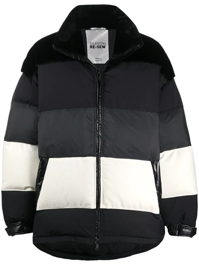Valentino Horizontal-stripes Oversize Puffer Jacket In Black/white