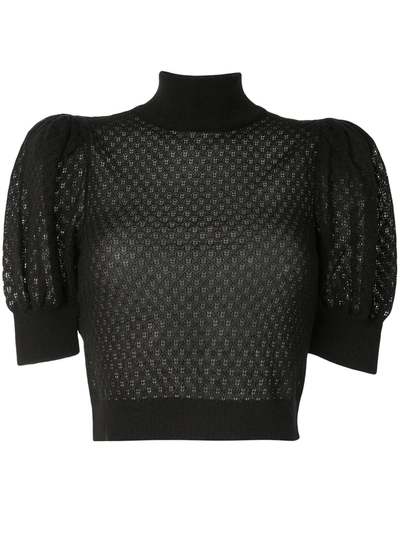 Alice And Olivia Shonda Puff Sleeve Pointelle Knit Jumper In Black