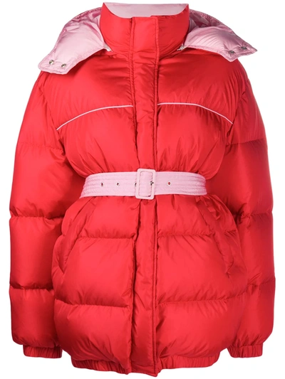 Msgm Belted Waist Puffer Jacket In Red