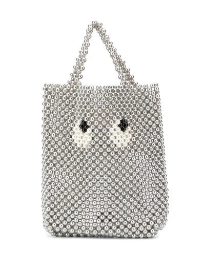 Anya Hindmarch Eyes Small Leather-trimmed Beaded Tote In Gray