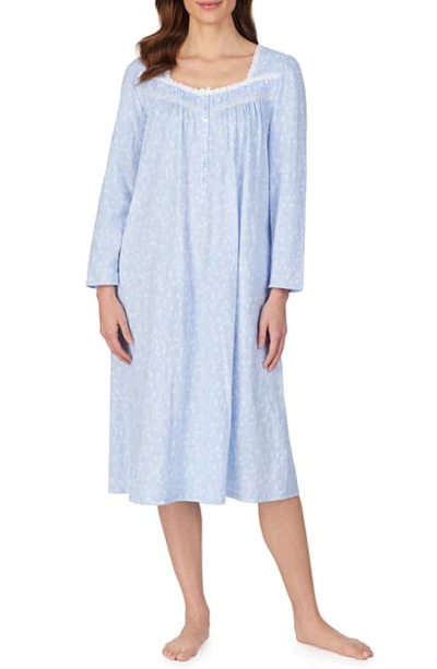 Eileen West Floral Cotton Jersey Long Sleeve Nightgown In Peri Ground White Floral