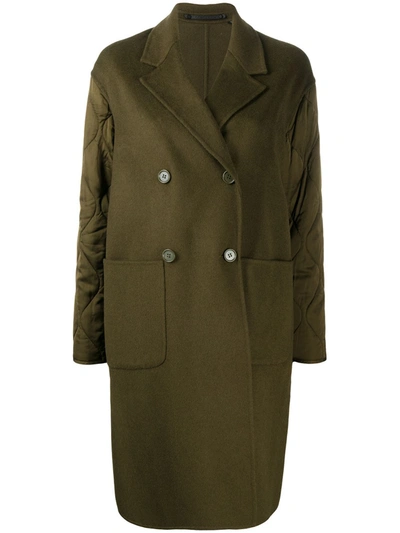 Allsaints Florence Quilted Sleeve Double Breasted Wool Coat In Khaki Green