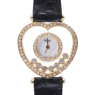 Pre-owned Chopard White Diamonds 18k Yellow Gold Happy Diamond Heart Quartz Women's Wristwatch 25 Mm