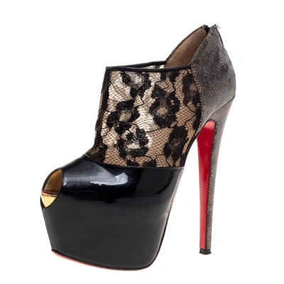 Pre-owned Christian Louboutin Black Leather And Lace Lam&eacute; Aeronotoc Peep Toe Platform Ankle Boots Size 36.5