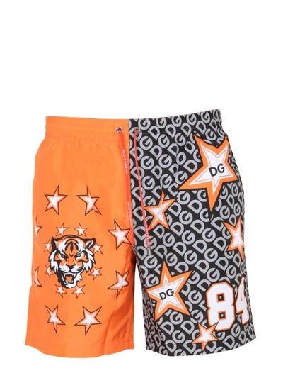 Dolce & Gabbana Mid-length Swim Trunks With Star And Logo Print In Orange