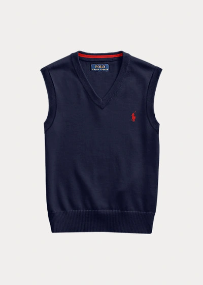 Polo Ralph Lauren Kids' Cotton V-neck Sweater Vest In Rl Navy