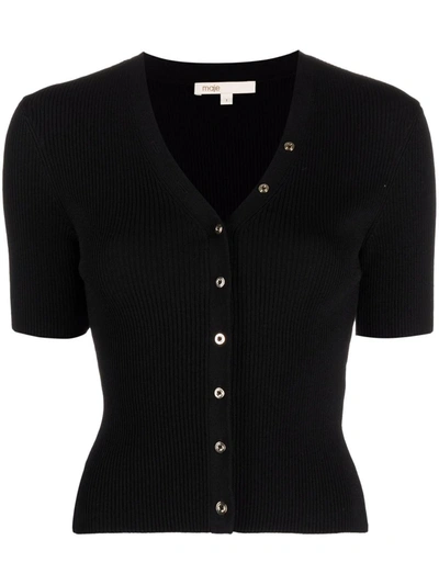 Maje Short-sleeved Ribbed-knit Cardigan In Black