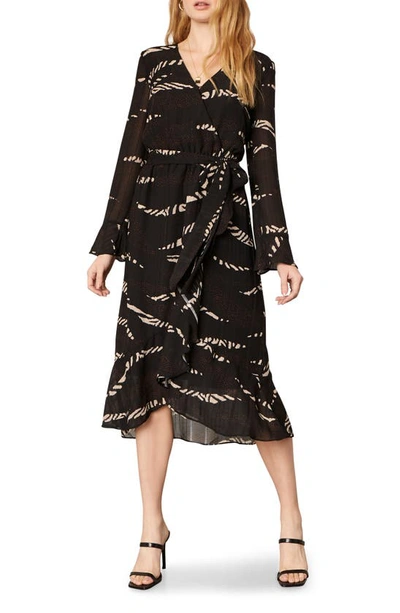 Cupcakes And Cashmere Ella Patchwork Print Long Sleeve Midi Wrap Dress In Black