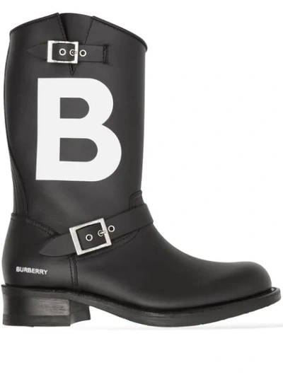 Burberry Tb Motif Leather Biker Boots In Black | ModeSens