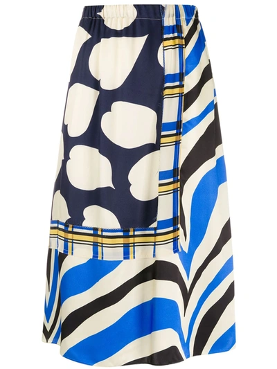 Marni Mixed-print Satin Midi Skirt In Blue