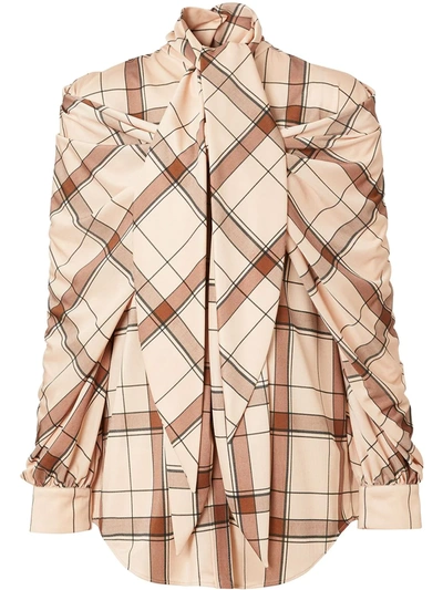 Burberry Scarf-neck Check Long-sleeve Blouse In Blush Pink