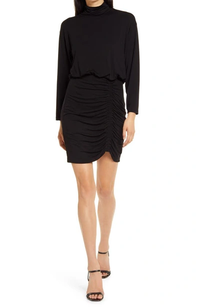 Fraiche By J Ruched Turtleneck Long Sleeve Dress In Black