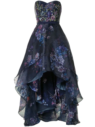 Marchesa Notte Strapless Embellished Embroidered Floral-print Chiffon Gown In Blue
