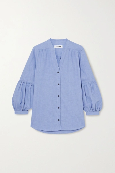 Cefinn Ella Gathered Cotton-chambray Shirt In Light Blue