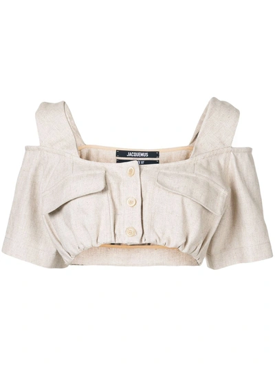 Jacquemus Alzou Twisted-strap Buttoned Canvas Cropped Top In Neutral