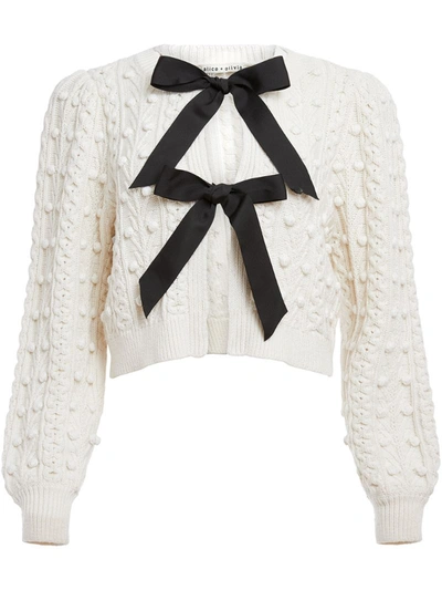 Alice And Olivia Kitty Puff-sleeve Bauble Knit Jumper With Bows In White,black