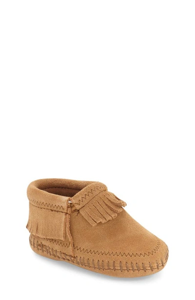 Minnetonka Kids' 'riley' Fringe Suede Bootie In Taupe Suede