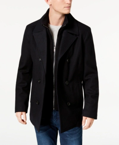 Kenneth Cole Men's Double Breasted Wool Blend Peacoat With Bib In Black