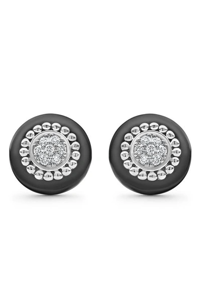 Lagos Sterling Silver Diamond & Black Ceramic Stud Earrings In Silver/black